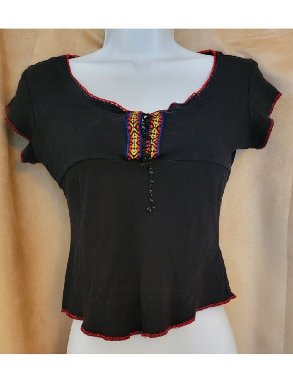 Black Croptop with Red Multicolor Decor Anxiety Cafe Style #6579 Medium